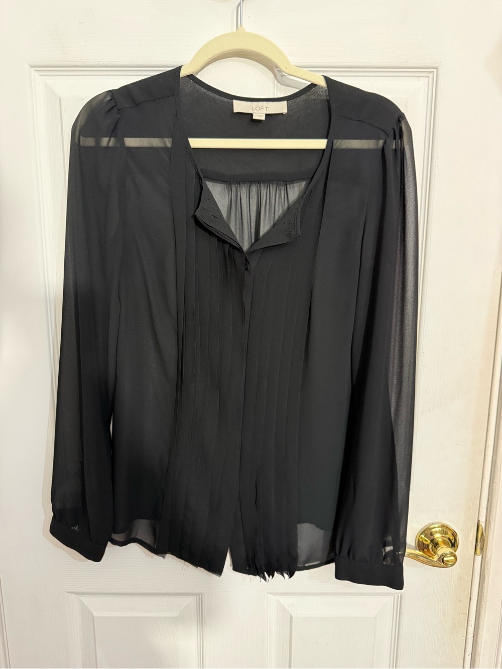 LOFT Black Pleated Sheer Long-Sleeve Blouse